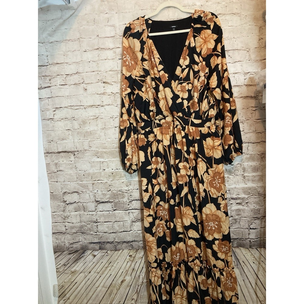 Express‎ Maxi Dress XL Black & Gold Floral Tiered Puff Sleeve Dark Romantic